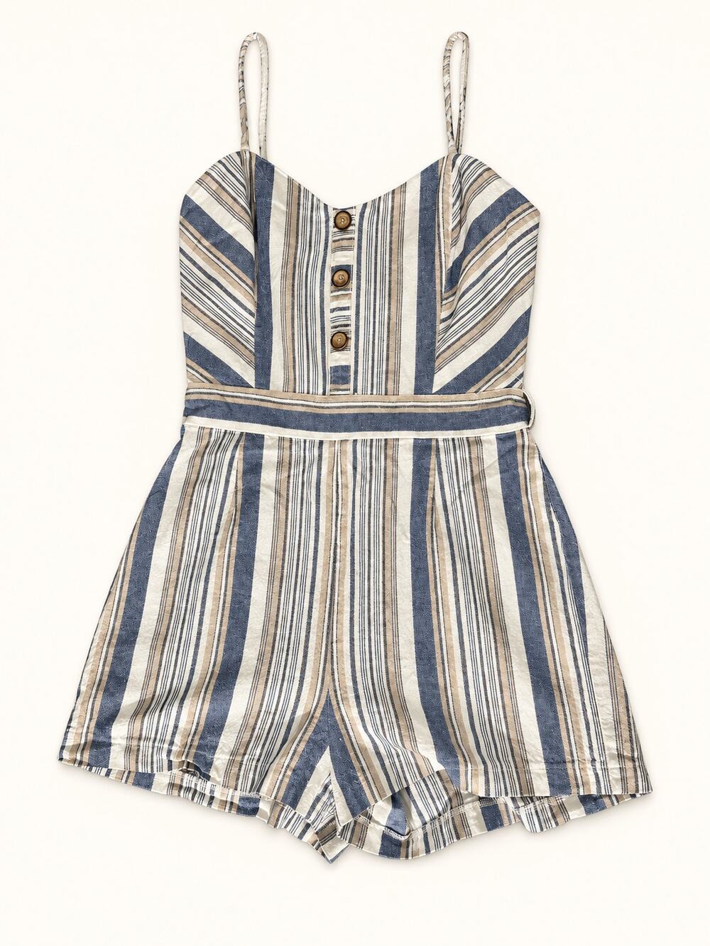 HAVE Blue Beige Striped Linen-Blend Tie-Waist Romper Size S